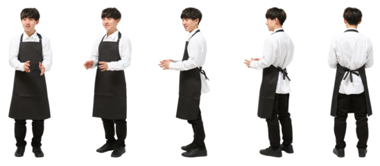 接客するエプロン男性　人物全身切り抜き5アングル