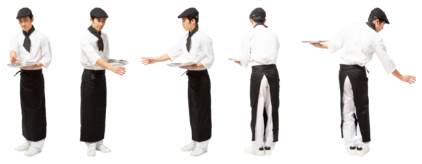 接客するエプロン男性　人物全身切り抜き5アングル