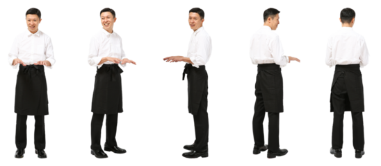 ウェイターエプロン男性　人物全身切り抜き5アングル