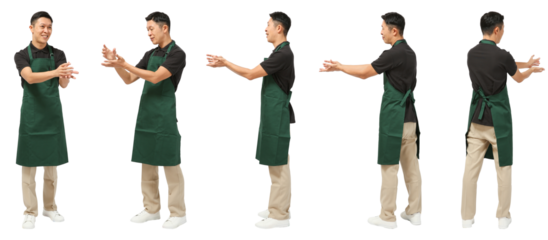 接客するエプロン男性　人物全身切り抜き5アングル