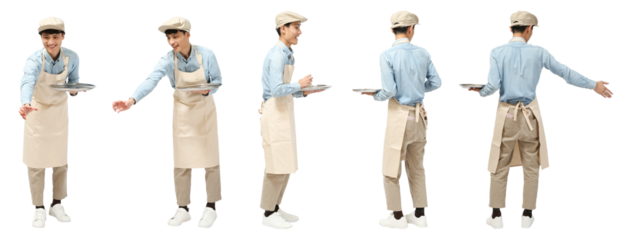 カフェやベーカリーエプロン男性　人物全身切り抜き5アングル