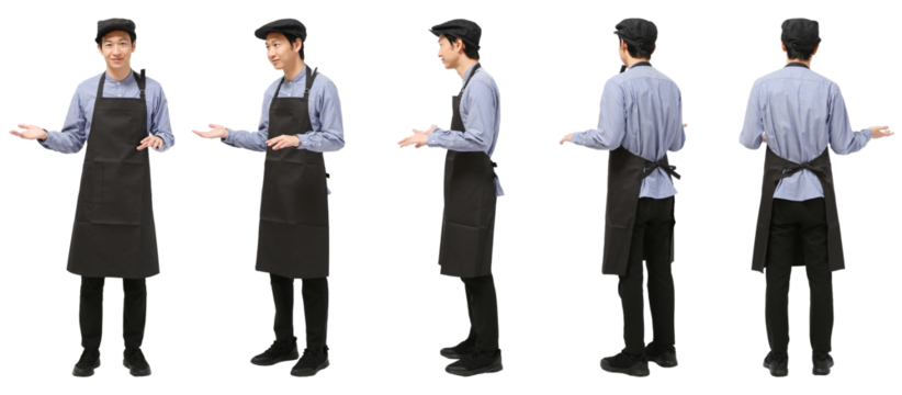 接客するエプロン男性　人物全身切り抜き5アングル
