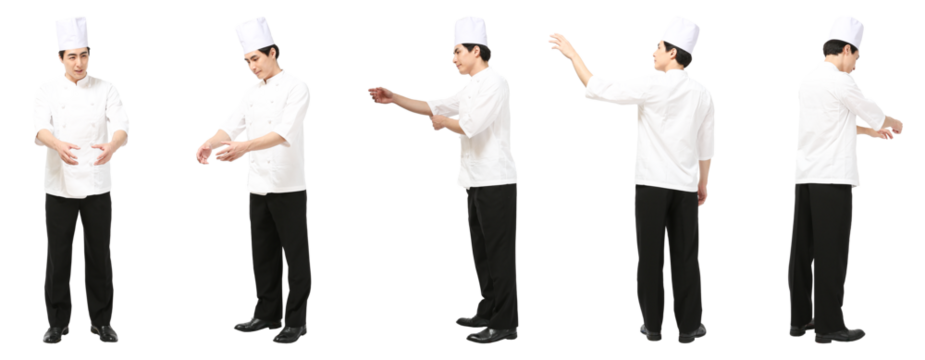 コックシェフ男性　人物全身切り抜き5アングル