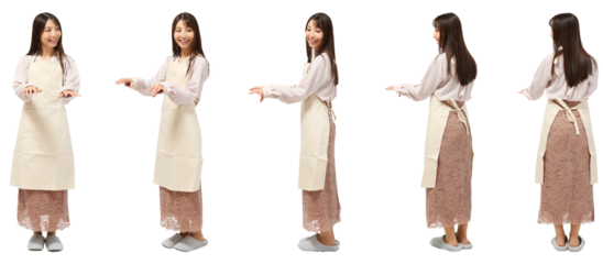 スリッパの女性エプロン姿　人物全身切り抜き5アングル