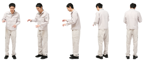 機械の作業をする工事作業員　人物全身切り抜き5アングル