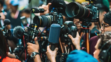 crowd of journalists with audio recording equipment, gathering news outdoors