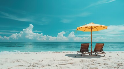 Beautiful serene summer beach scene with two longue chairs and umbrella on white sand under blue sky. Summer vacation relaxation and leisure concept with copy space