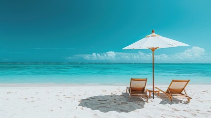 Obraz premium Beautiful serene summer beach scene with two longue chairs and umbrella on white sand under blue sky. Summer vacation relaxation and leisure concept with copy space