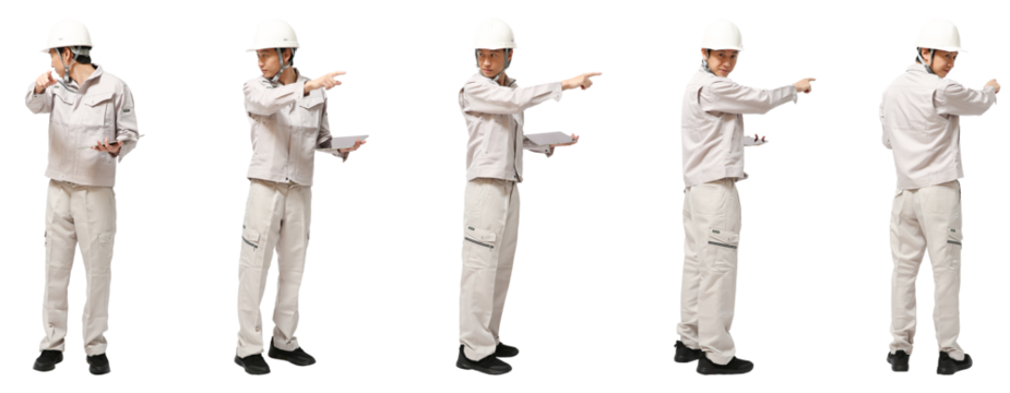 指を指すヘルメット工事作業員　人物全身切り抜き5アングル