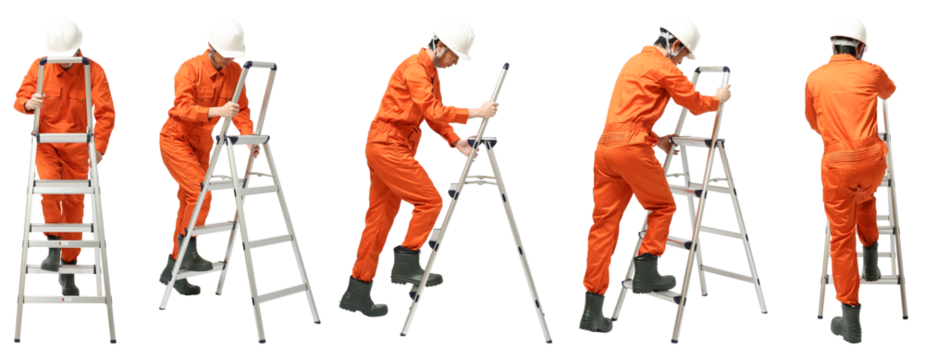 ハシゴを登るヘルメット工事作業員　人物全身切り抜き5アングル