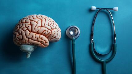 Neurological and psychological care Symbol of brain and stethoscope on blue background highlighting conditions like Alzheimer s Parkinson s dementia stroke seizure and mental health awareness