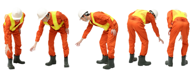 物を拾うヘルメット工事作業員　人物全身切り抜き5アングル