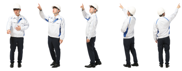 上を指差すヘルメット工事作業員　人物全身切り抜き5アングル