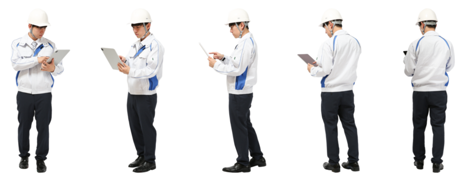 タブレットを見るヘルメット工事作業員　人物全身切り抜き5アングル