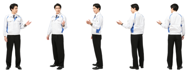 立ち話する工事作業員　人物全身切り抜き5アングル