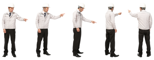 指をさすヘルメット工事作業員　人物全身切り抜き5アングル