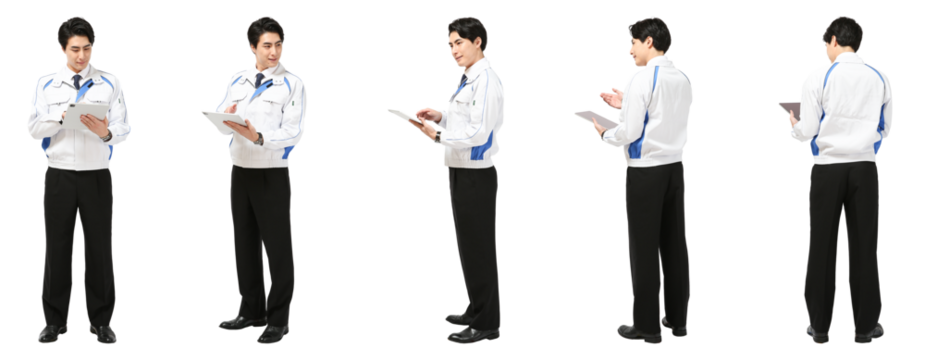 タブレットで説明する工事作業員　人物全身切り抜き5アングル