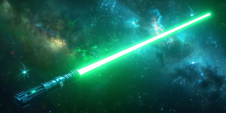 Illuminated green lightsaber against a cosmic background with stars and nebulae