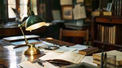 Elegant Brass Desk Lamp with Green Shade Illuminates a Work Desk Cluttered with Papers and Pens, Creating a Cozy and Productive Workspace