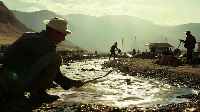Low-angle shot: Miners pan for gold in rugged mountain river. Camera pans across makeshift camps and determined workers. Dusty atmosphere and looming mountains create dramatic backdrop.	