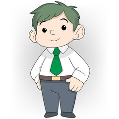 A cartoon boy wearing a green tie and a white shirt