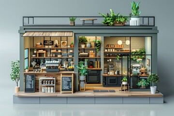 Modern Cafe Interior Design With Wooden Counter and Seating