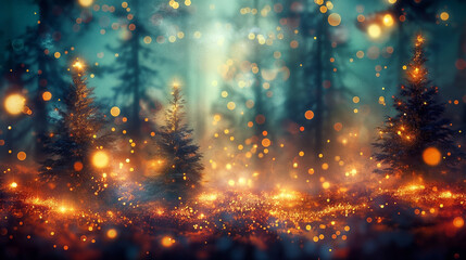 Obraz premium Magical forest with christmas trees and glowing lights.