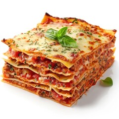 a close up of a stack of lasagna with cheese and basil