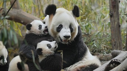 Obraz premium Adorable Panda Dad Engaging in Playtime with His Two Cherished Panda Daughters, Demonstrating the Warmth of Family Bonds.