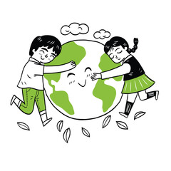 Children Hugging Earth: Wholesome Environmental Conservation Illustration for Kids.