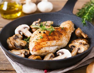 Roasted chicken fillet and mushrooms with herb in the frying pan on the wooden table close-up.