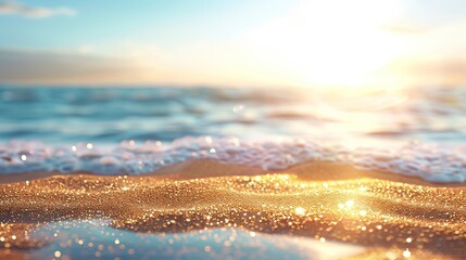 Close-up view of a sandy beach with the ocean in the background. The focus is on the sparkling sand with sunlight reflecting off it, creating a bokeh effect