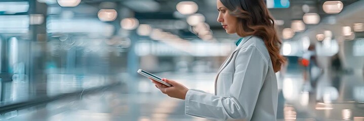 Female smiling happy doctor woman wears white medical gown suit work in hospital clinic office hold in hand use mobile cell phone  - Powered by Adobe