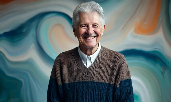 Group portrait video of a happy Russian man in his 90s wearing a chic cardigan against an abstract background 