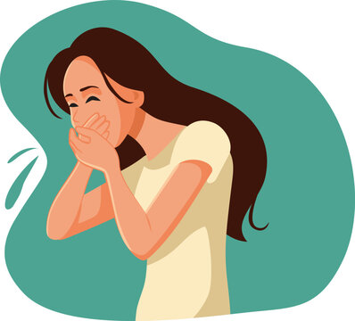 Sick Woman with Vomiting Sensation Covering Mouth Vector Illustration. Unhappy girl feeling nauseated about to puke 
