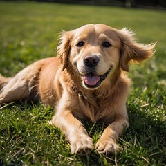 Obraz premium golden retriever dog plying on the grass, adorable animal ,golden furry ,loyal dog, healthy dog