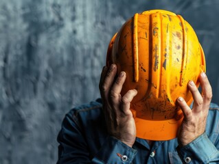 A construction worker in a hard hat showing stress and frustration in an industrial setting, highlighting workplace challenges.