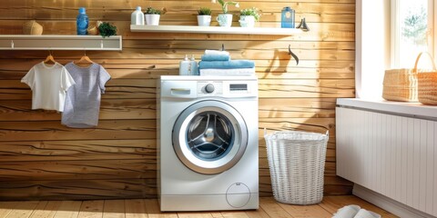 A modern laundry room featuring a sleek white washing machine set against warm wooden walls, creating a stylish and functional space that combines contemporary design with natural elements.