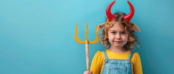 Adorable child in devil costume with red horns and trident, posing against a blue background, perfect for Halloween or costume-themed projects.