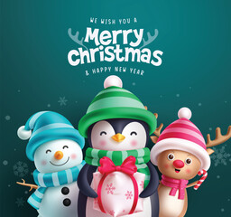 Merry christmas greeting vector design. Christmas characters like penguin, snowman and reindeer holding gift elements for seasonal snow background. Vector illustration greeting card design. 
