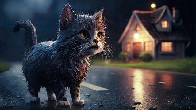 A heartwarming gray cat, wet from rain and tired from its journey, standing on a desolate road. Concept Lost Cat, Looking for Owner