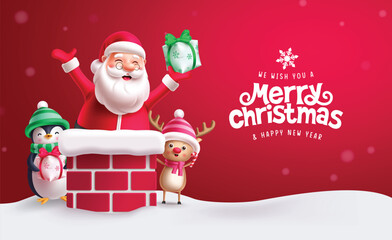 Christmas santa claus character vector design. Merry christmas and happy new year greeting text with santa, penguin and reindeer characters inside the chimney in snow winter background. Vector 