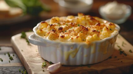 a dish of macaroni and cheese on a cutting board