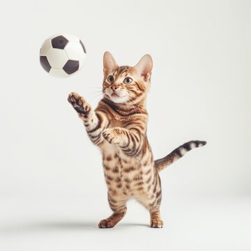 A playful cat in mid-action, reaching for a soccer ball, showcasing its agility and curiosity in a bright, minimalist setting.