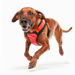 A joyful dog running energetically in a bright harness, showcasing its playful spirit and zest for life in a bright backdrop.