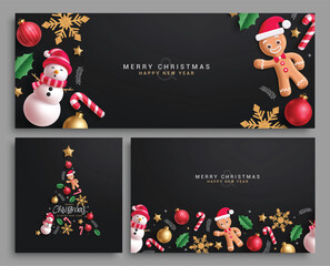 Merry christmas greeting card vector template set design. Christmas holiday invitation card collection in elegant black background with xmas elements decoration. Vector illustration season greeting 