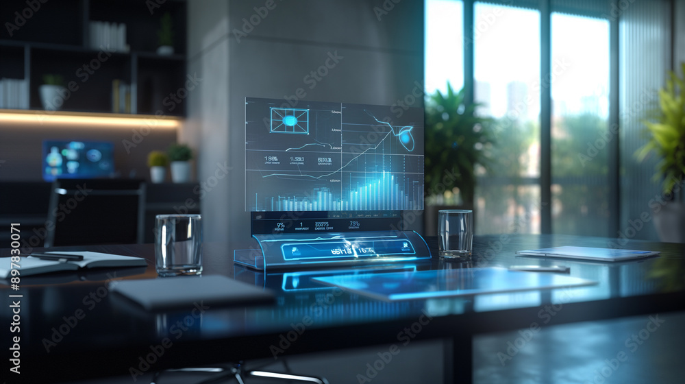 Poster business data statistics virtual display over the table in modern office, business data analysis gro