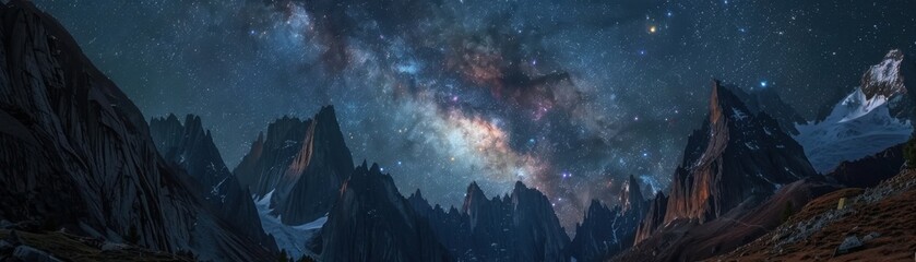 Fototapeta premium A breathtaking view of the night sky filled with stars and a vibrant galaxy over majestic mountain peaks.