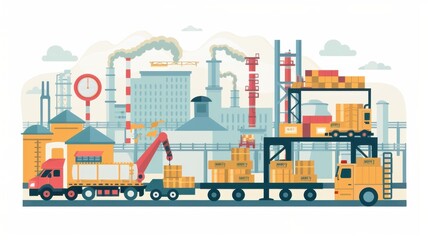 Naklejka premium A colorful illustration of a busy industrial scene featuring warehouses, trucks, and factories in action.