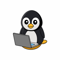 Black Penguin Sits On A Chair And Use Laptop  Silhouette Vector 